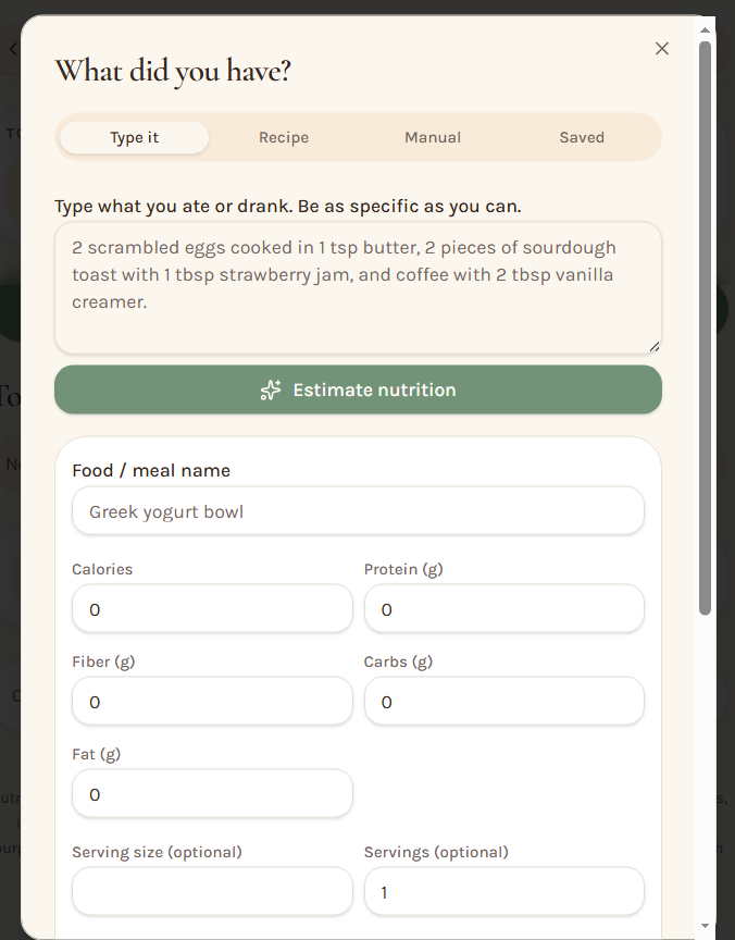 Screenshot of the food tracker tool showing a text box to type what you ate and estimated nutrition fields